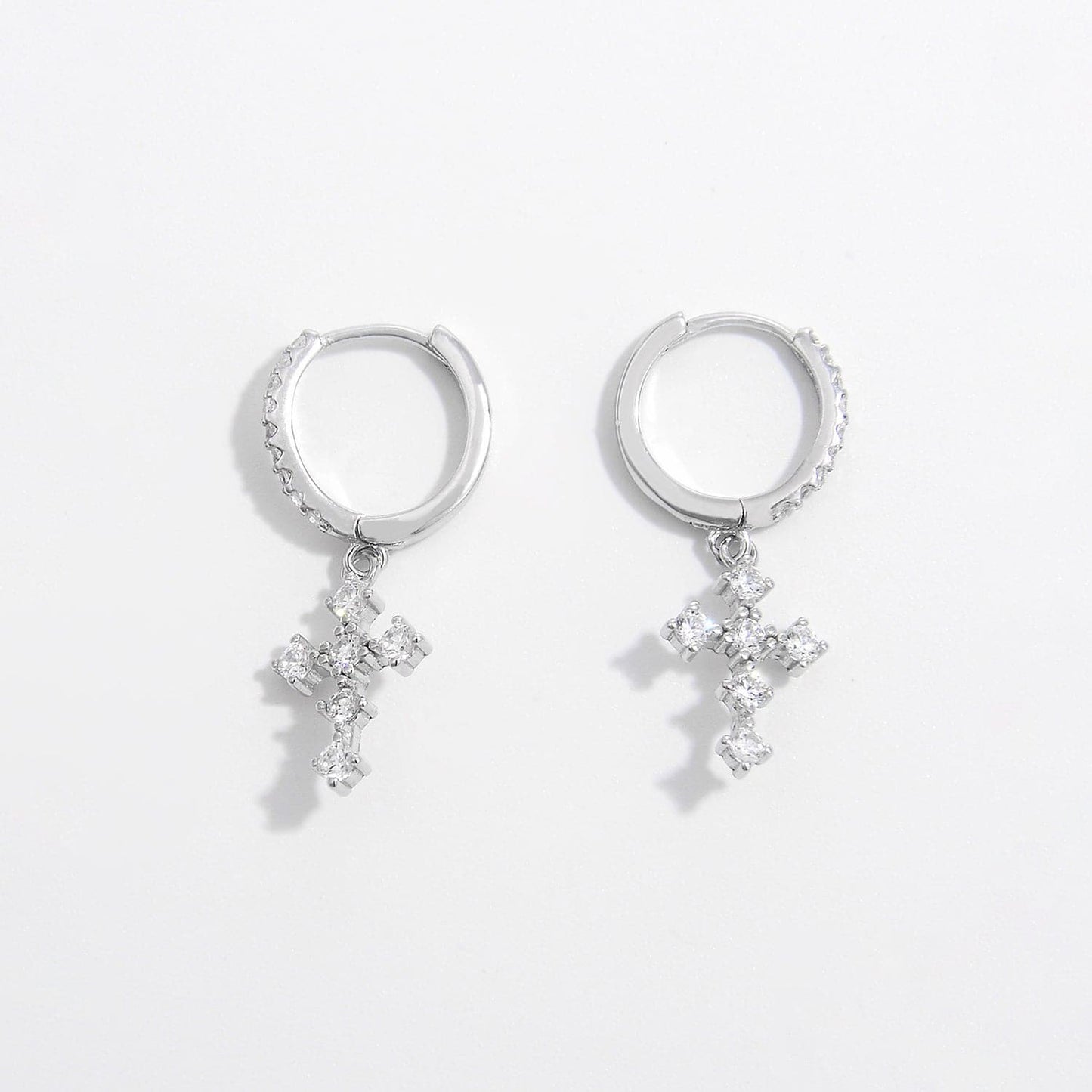 925 Sterling Silver Inlaid Zircon Cross Dangle Earrings.