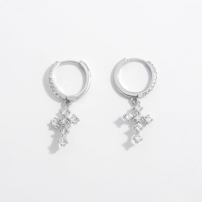 925 Sterling Silver Inlaid Zircon Cross Dangle Earrings.