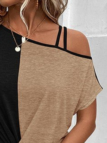 Contrast Asymmetrical Neck Short Sleeve T-Shirt.