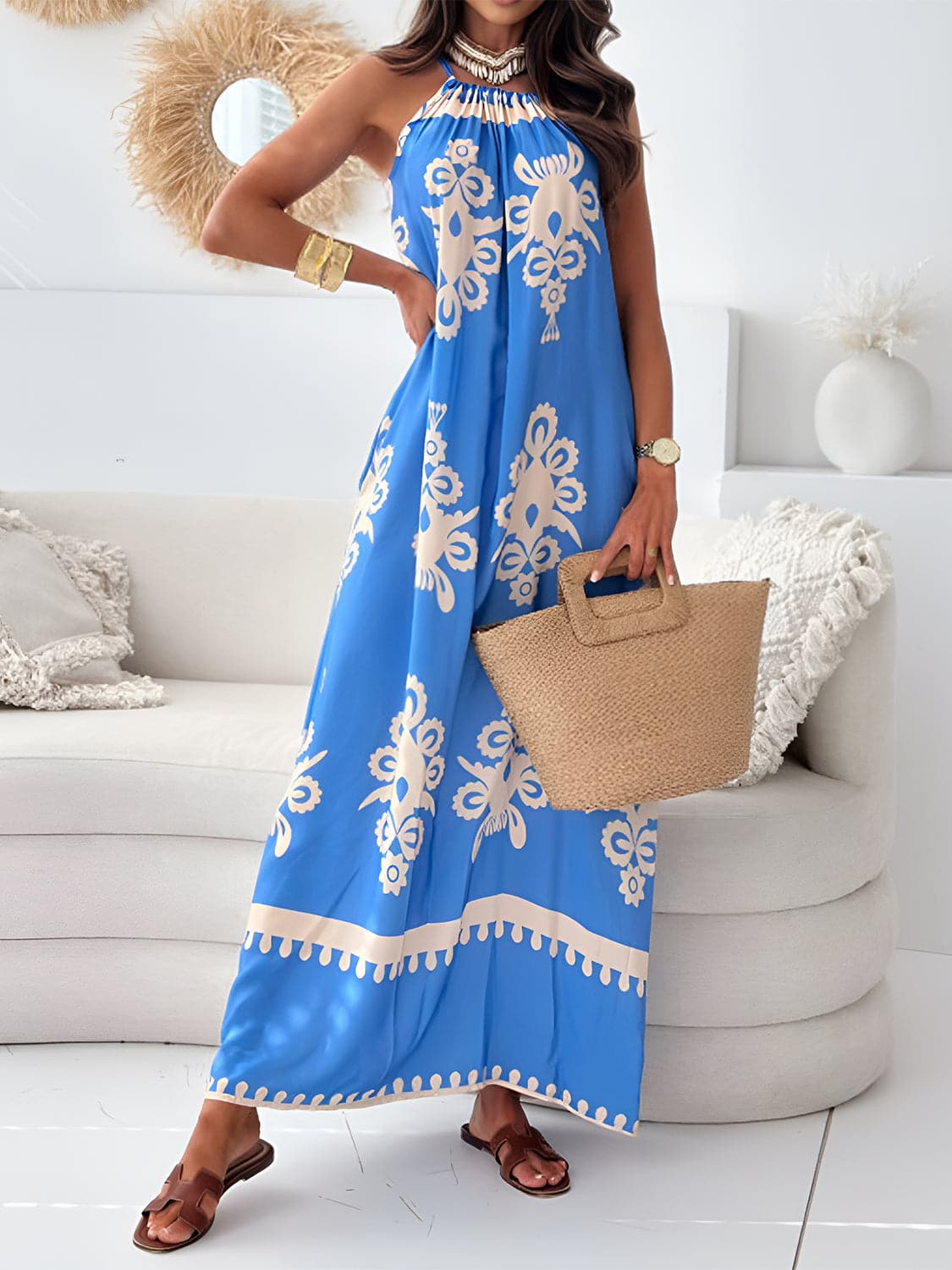 Printed Spaghetti Strap Sleeveless Maxi Dress.