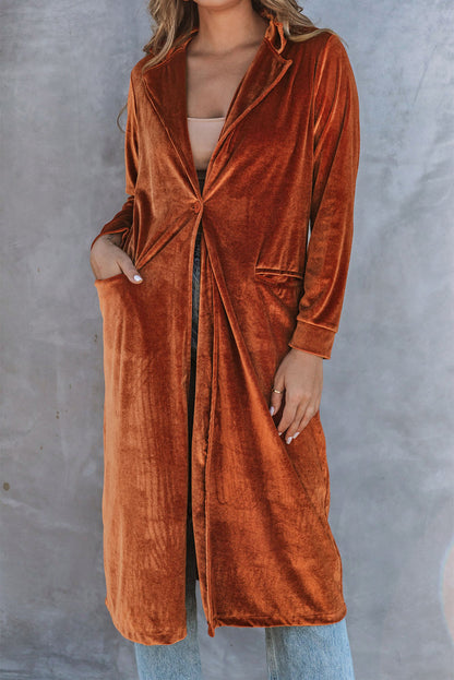 Chic brown velvet long sleeve coat with pockets