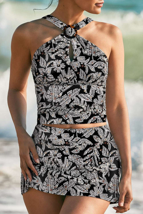 Black Abstract Printed Buckle Crossed Straps Tankini 2pcs