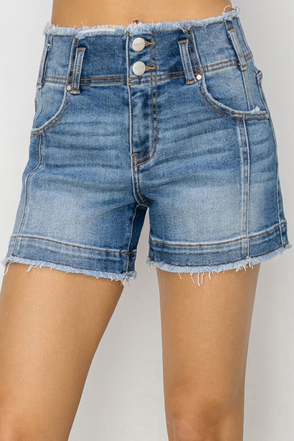 RISEN High Rise Seam Detailed Raw Edge Denim Shorts.