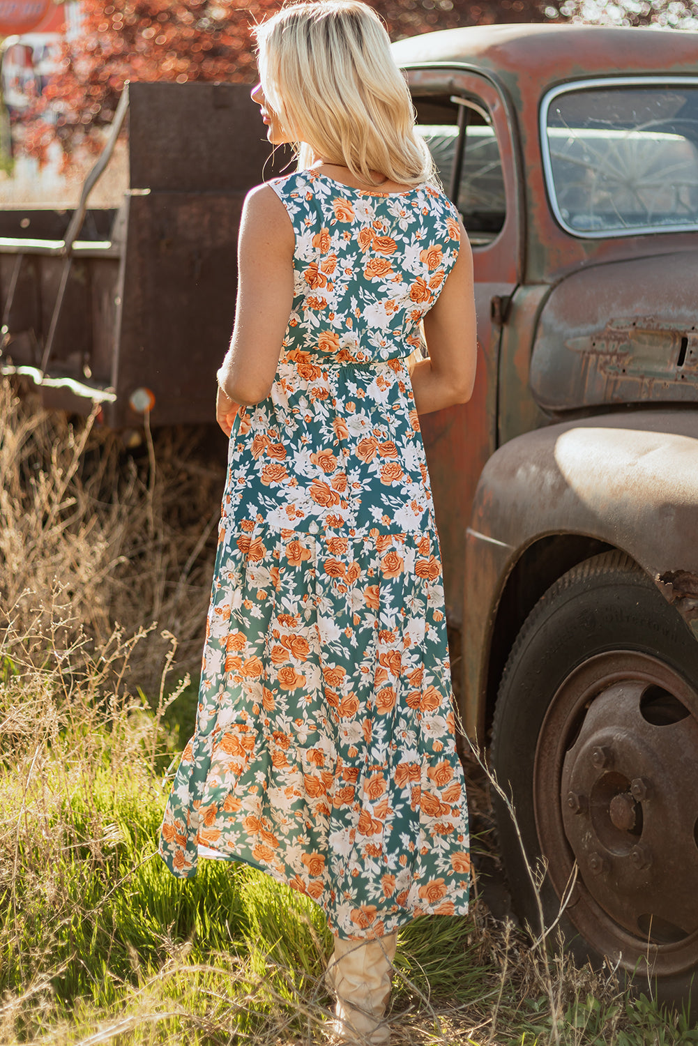 Green Floral Print Trimmed V Neck Tie Waist Sleeveless Dress