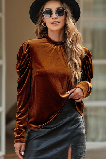 Round Neck Puff Sleeve Velvet Blouse.