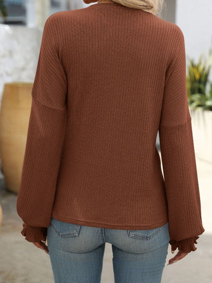 Ribbed Round Neck Long Sleeve T-Shirt.