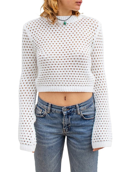 Chic long sleeve knit top - openwork design