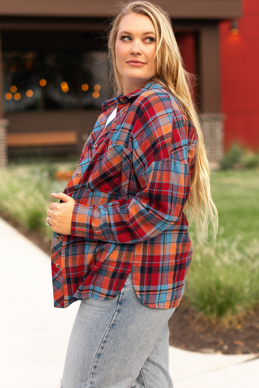 Chic red plaid button-up shirt for plus sizes