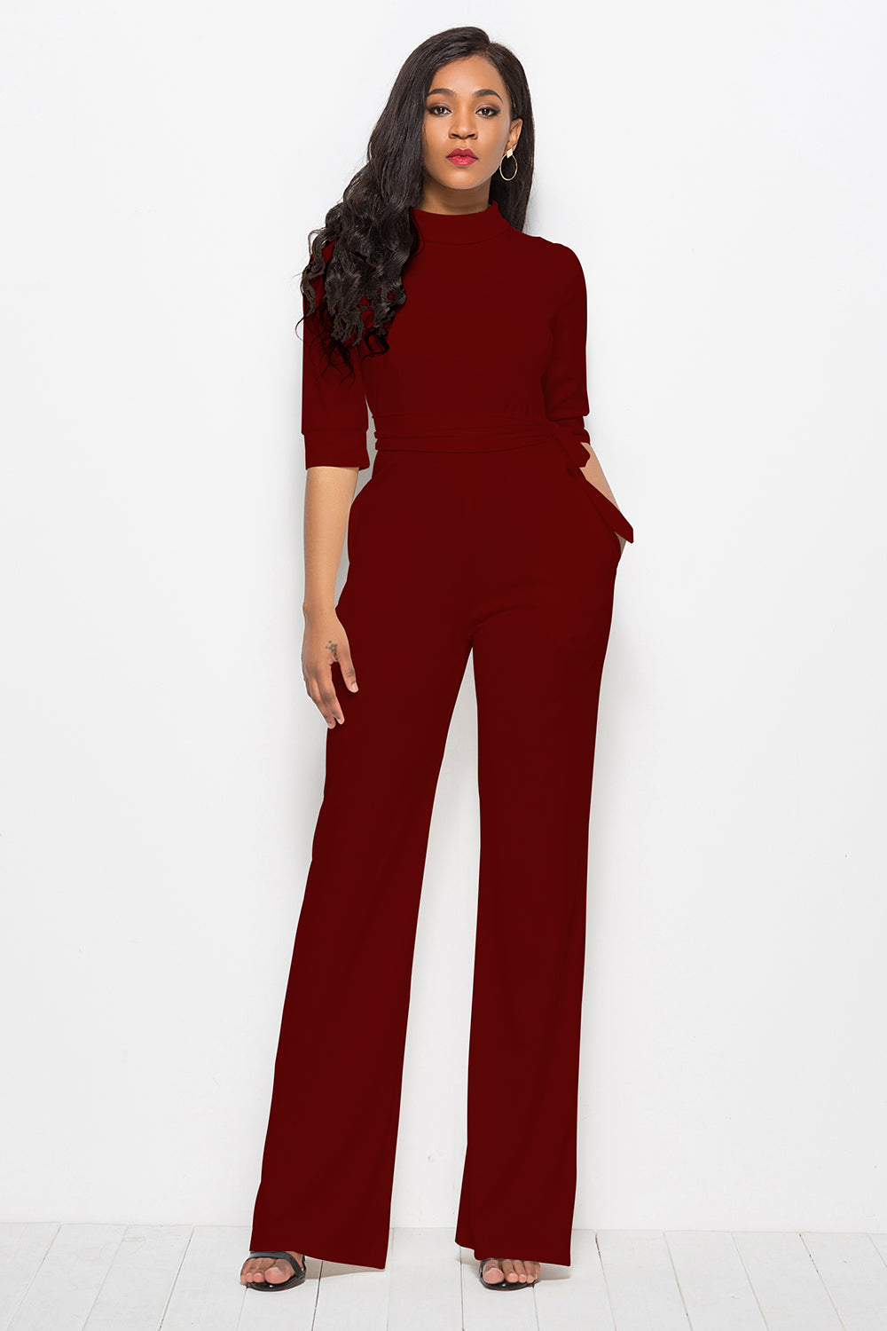 Mock Neck Tie-Waist Half Sleeve Jumpsuit Coco’s Tee Boutique