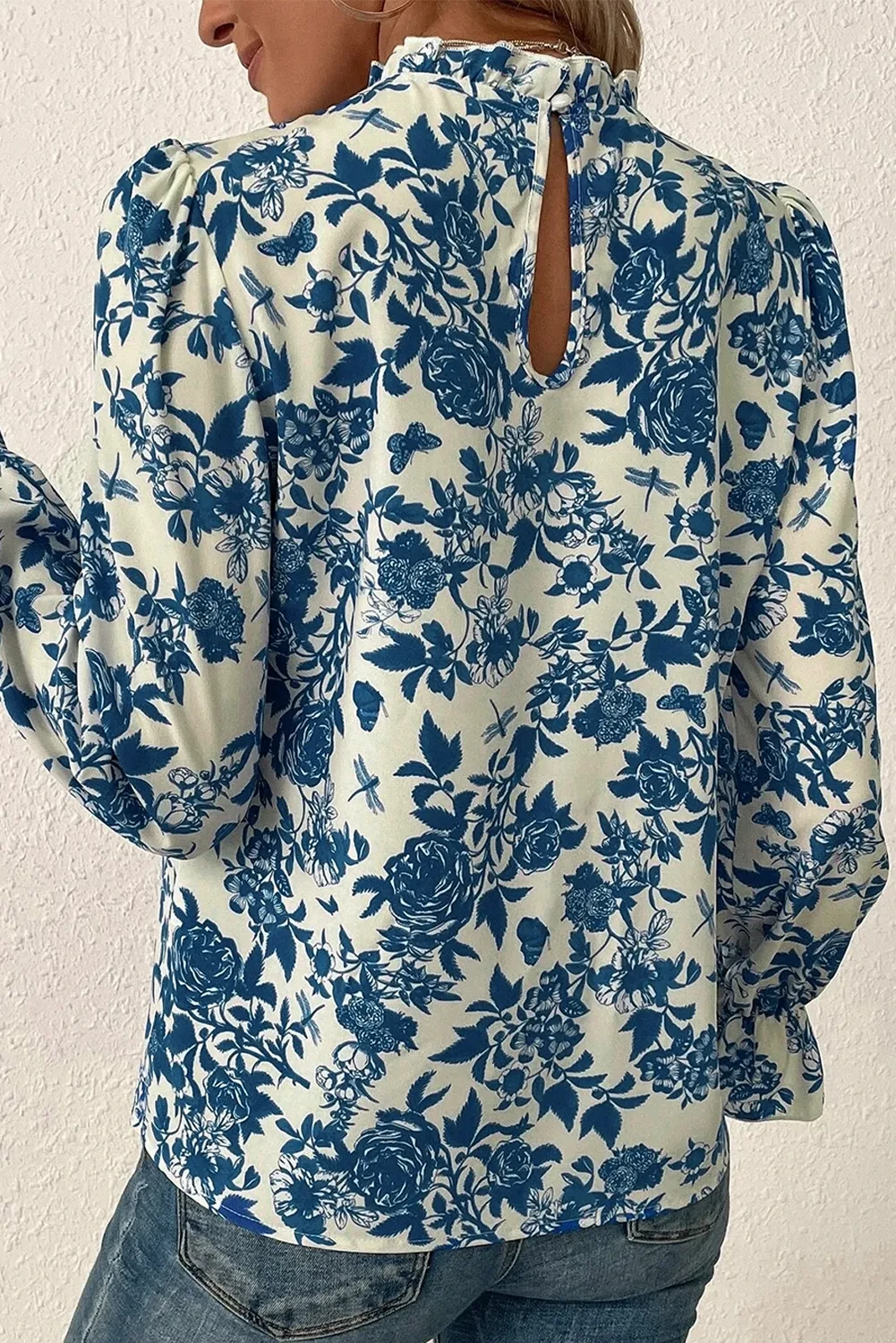 Printed Mock Neck Flounce Sleeve Blouse.