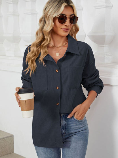 Chic Buttoned Long Sleeve Jacket with Dropped Shoulders