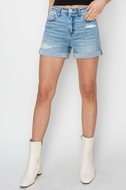 RISEN Distressed Mid-Rise Waist Denim Shorts.