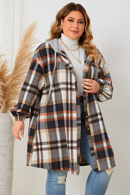 Plus Size Plaid Drop Shoulder Hooded Coat.