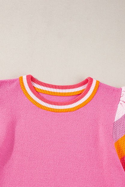 Chic bright pink knitted t-shirt with flutter sleeves