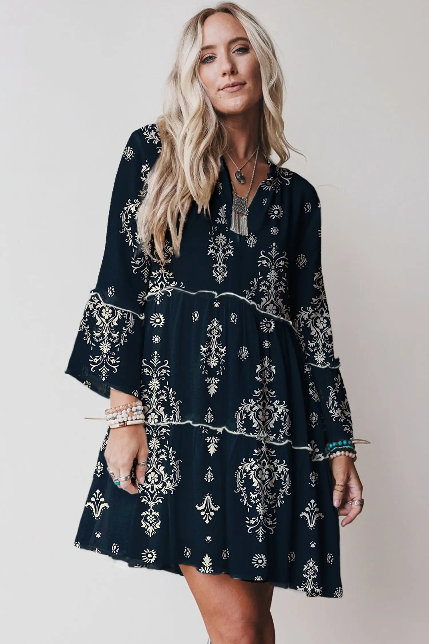 Blue Boho Floral Print Lettuce Trim Mini Dress With Three Quarter Sleeves Dear-Lover Dropshipping