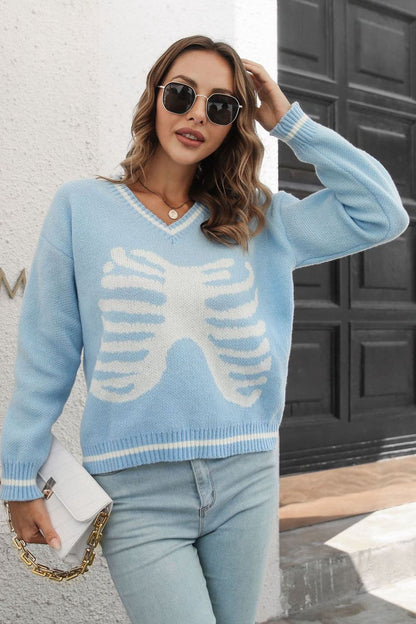 Chic skeleton graphic V-neck pullover sweater