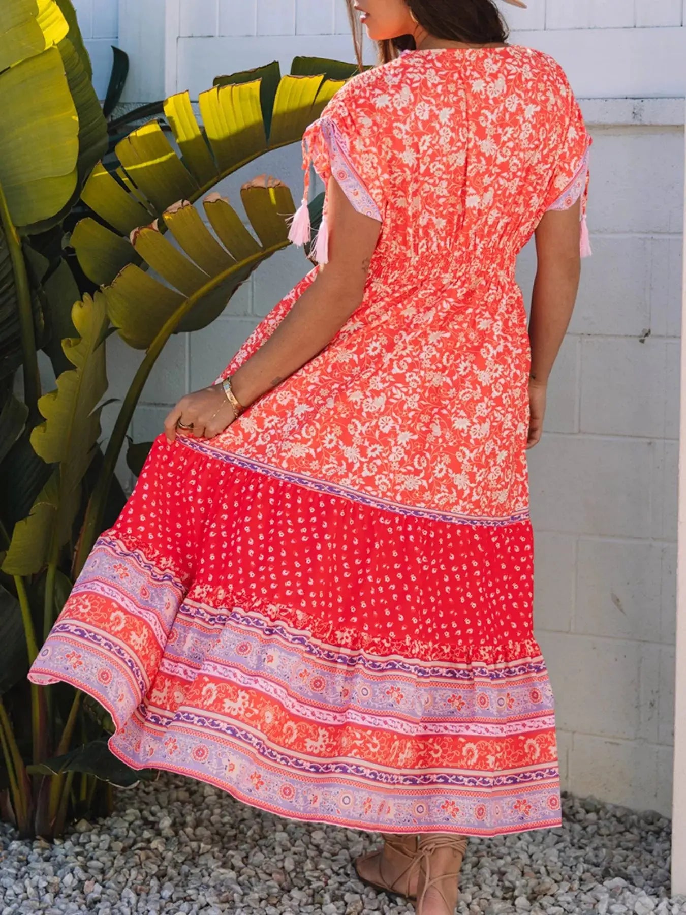 Floral Print Tasseled Tied Sleeve Empire Waist Dress Simply Love