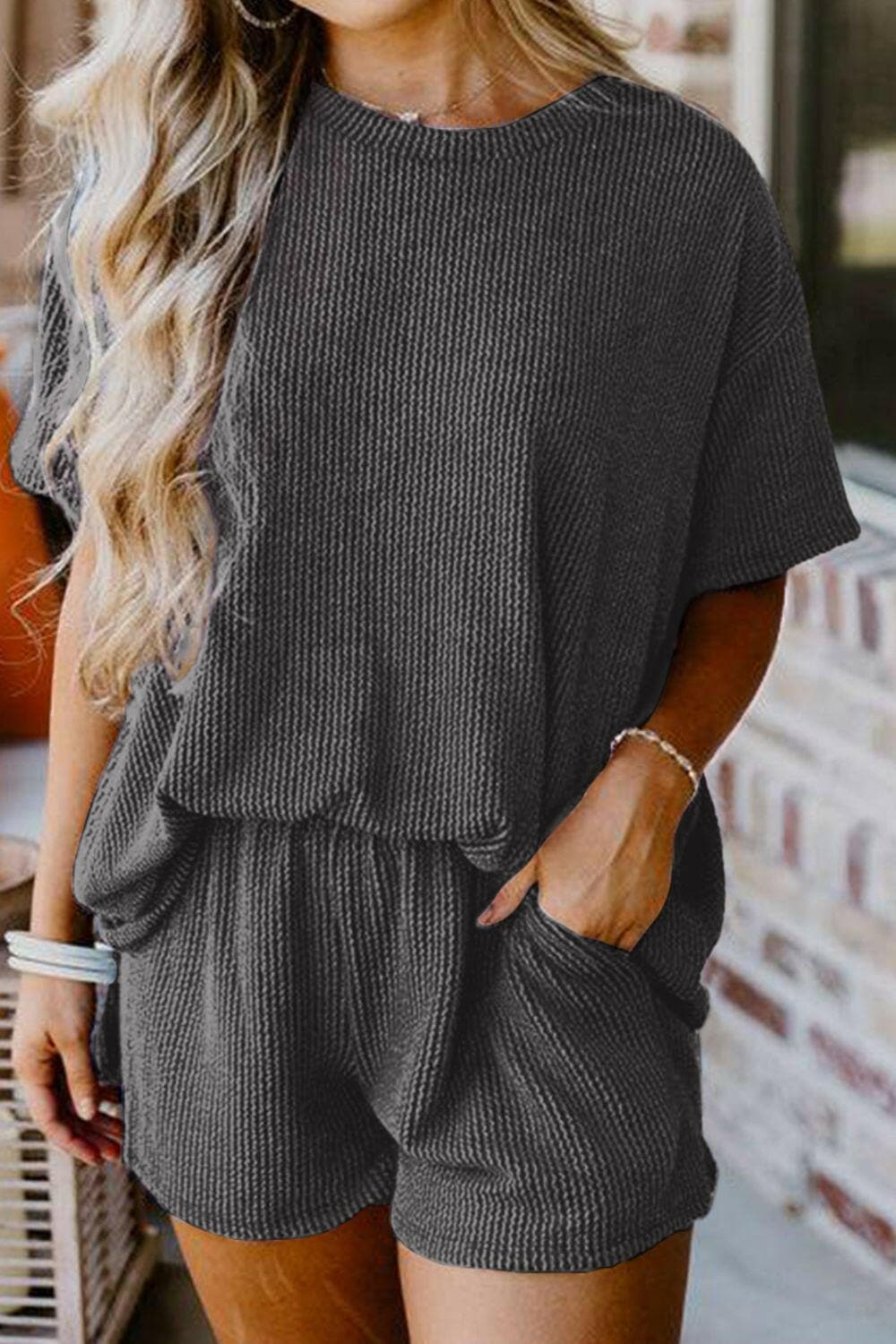 Textured Round Neck Top and Shorts Set.