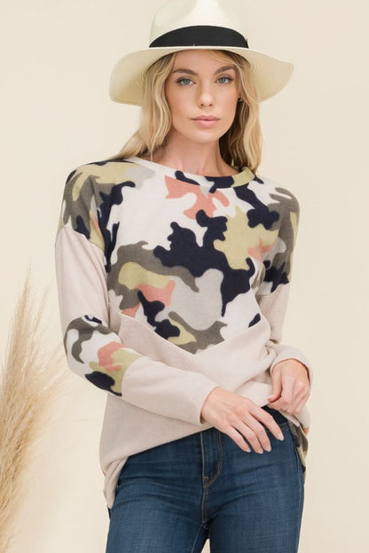 Celeste Full Size Camo Print Contrast Long Sleeve T-Shirt