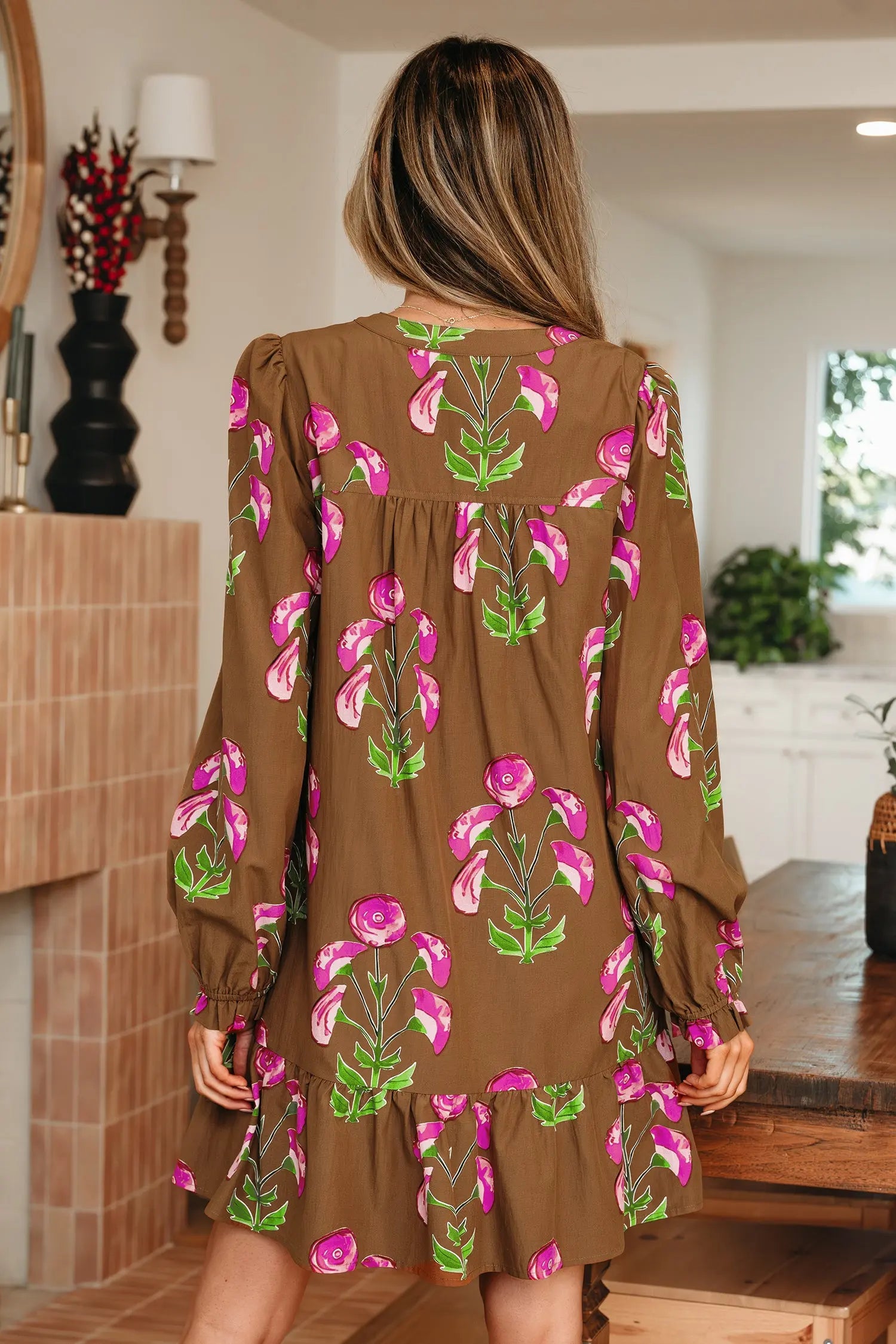 Brown Contrast Floral Print Babydoll Tunic Dress With Ruffled Hem Puff Sleeve Dear-Lover Dropshipping