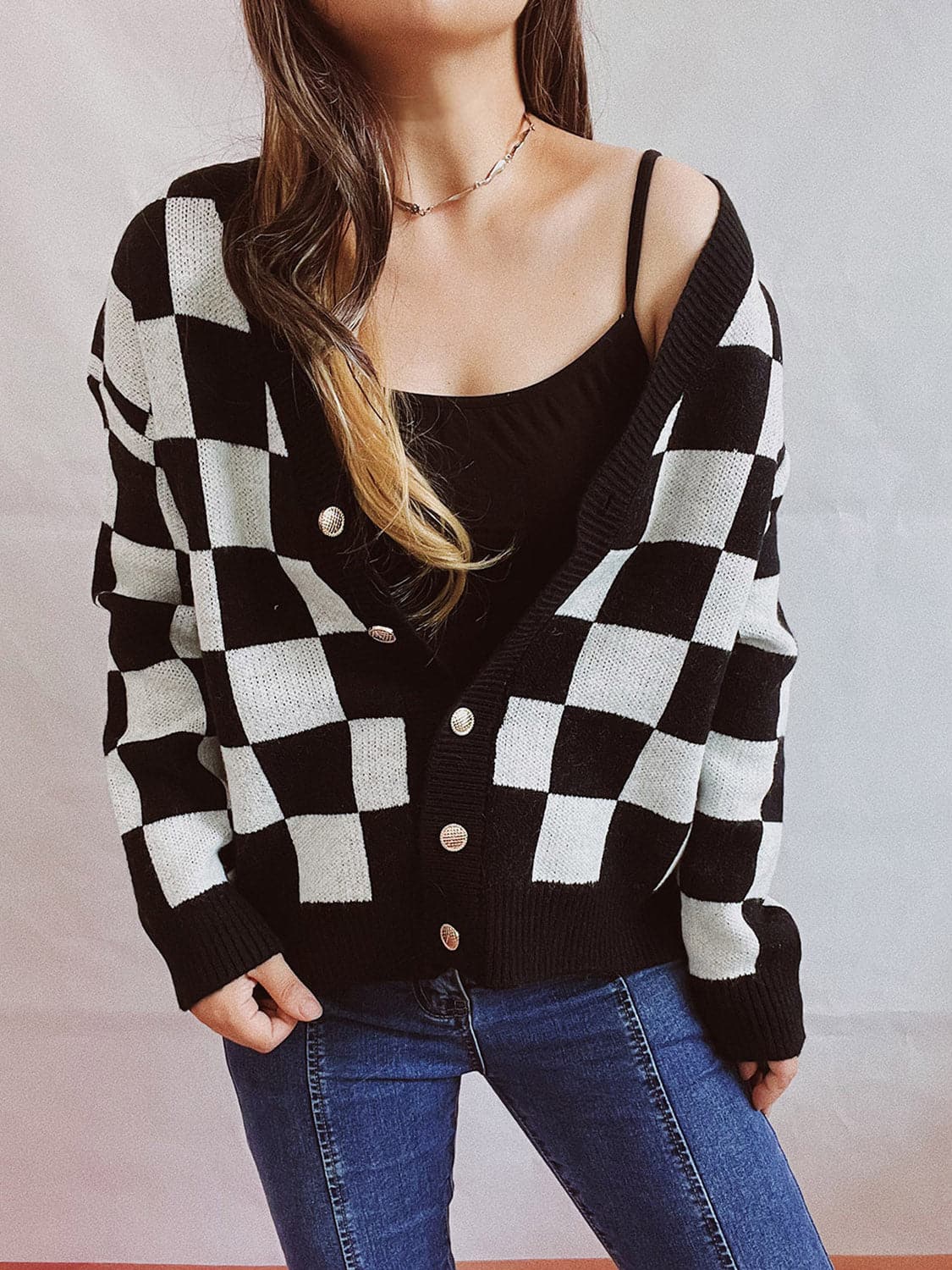 Checkered Open Front Button Up Cardigan.