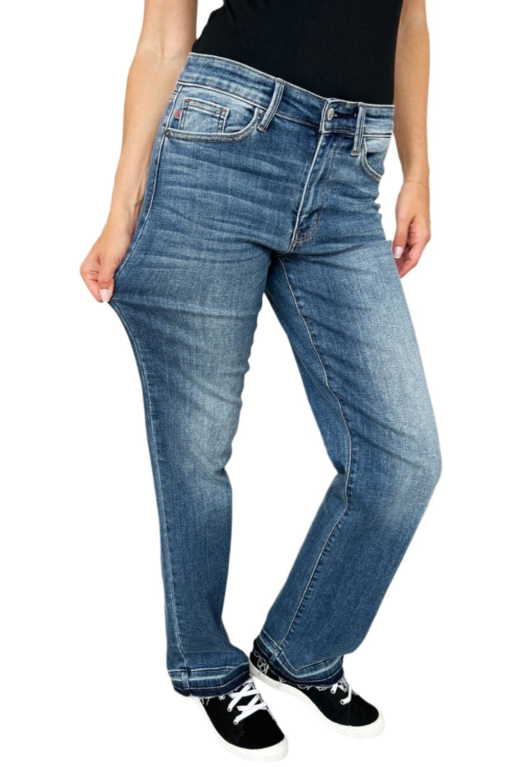 Trendy mid-rise release hem jeans by Judy Blue