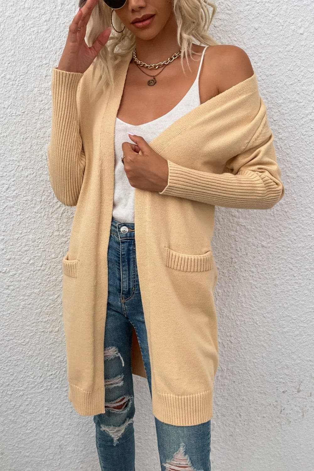 Open Front Long Sleeve Cardigan with Pockets.