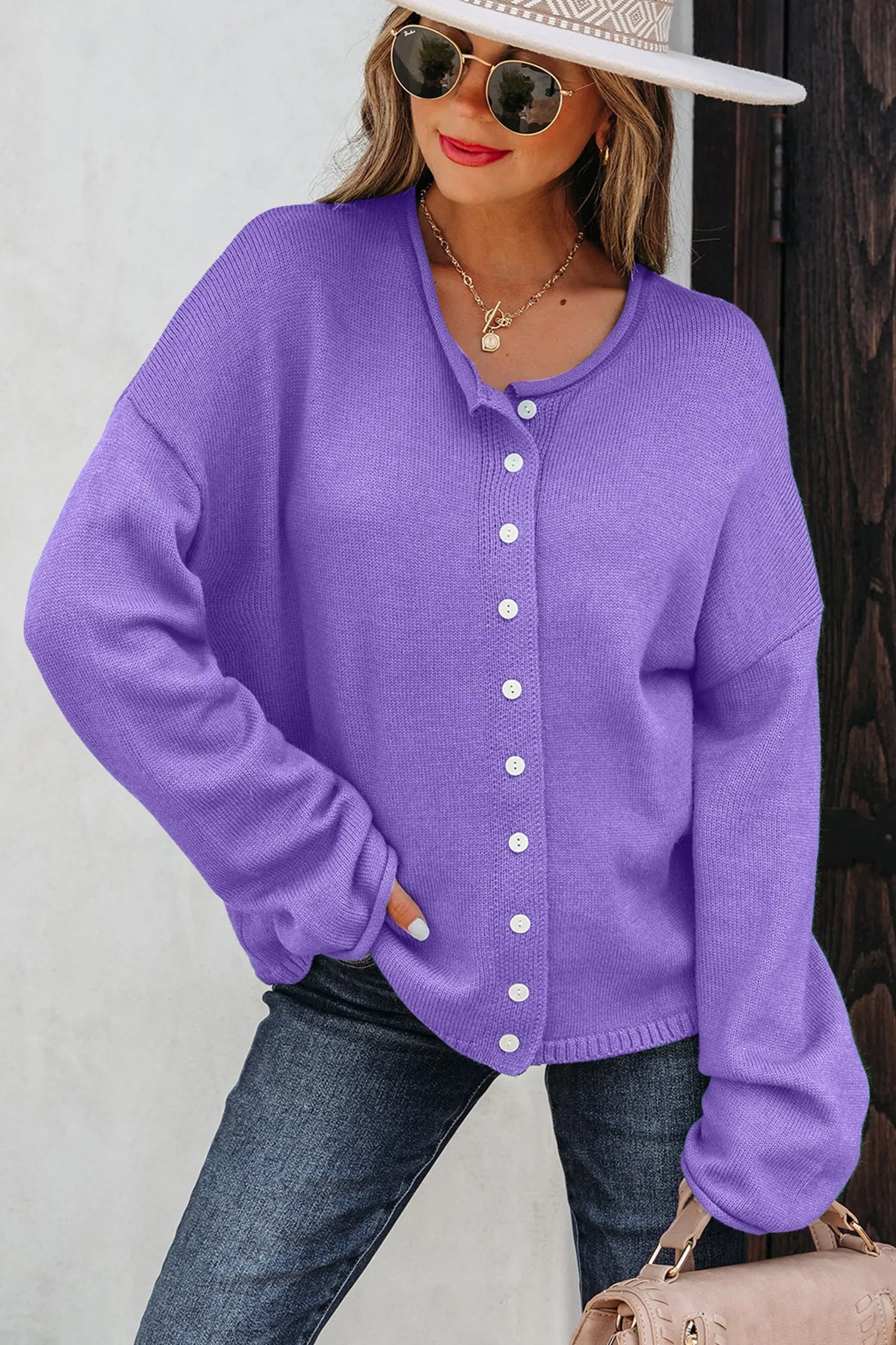 Wisteria Solid Color Knit Button Front Drop Shoulder Cardigan Sweater Dear-Lover Dropshipping