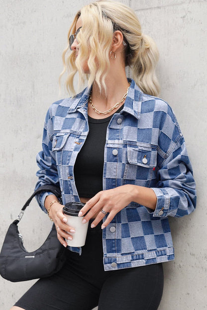 Checkered Button Up Long Sleeve Denim Jacket.