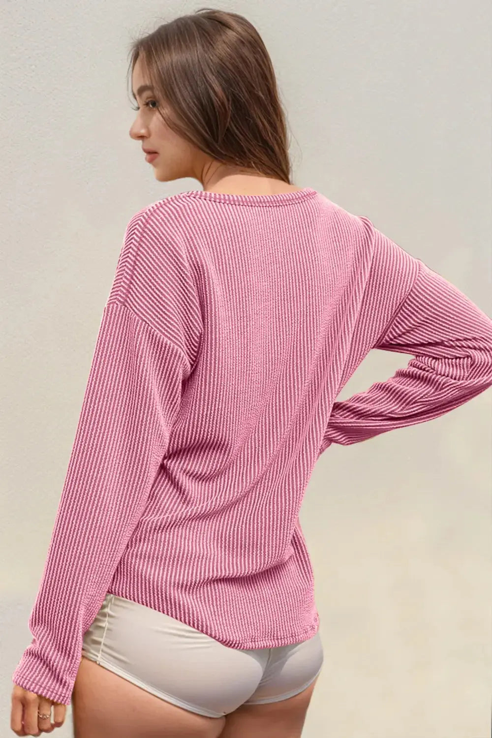 Double Take Striped Notched Long Sleeve T-Shirt - Love Salve