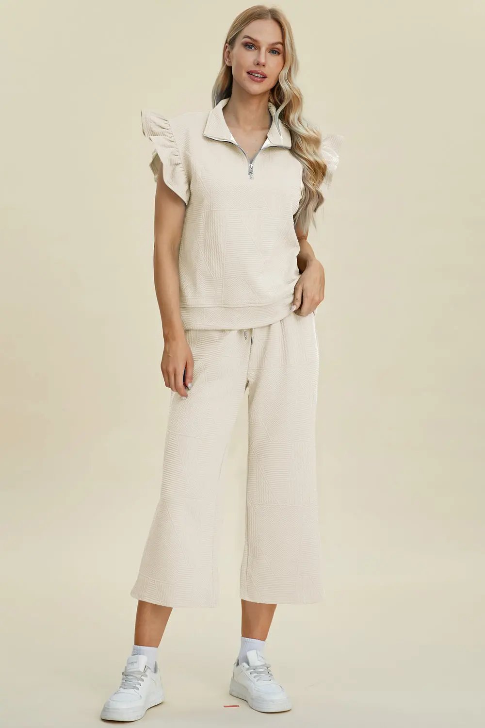 Double Take Full Size Texture Ruffle Short Sleeve Top and Wide Leg Pants Set - Love Salve