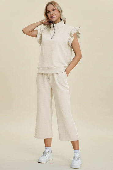 Ruffled Short Sleeve Top and Wide Leg Pants Ensemble with Drawstring