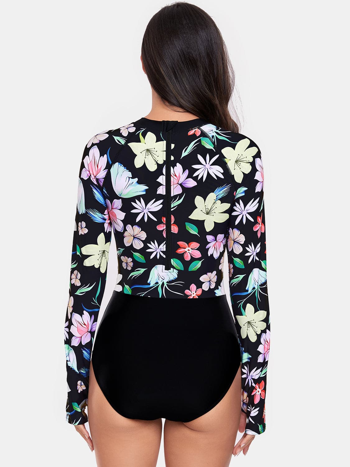 Flower Round Neck Long Sleeve One-Piece Swimwear.