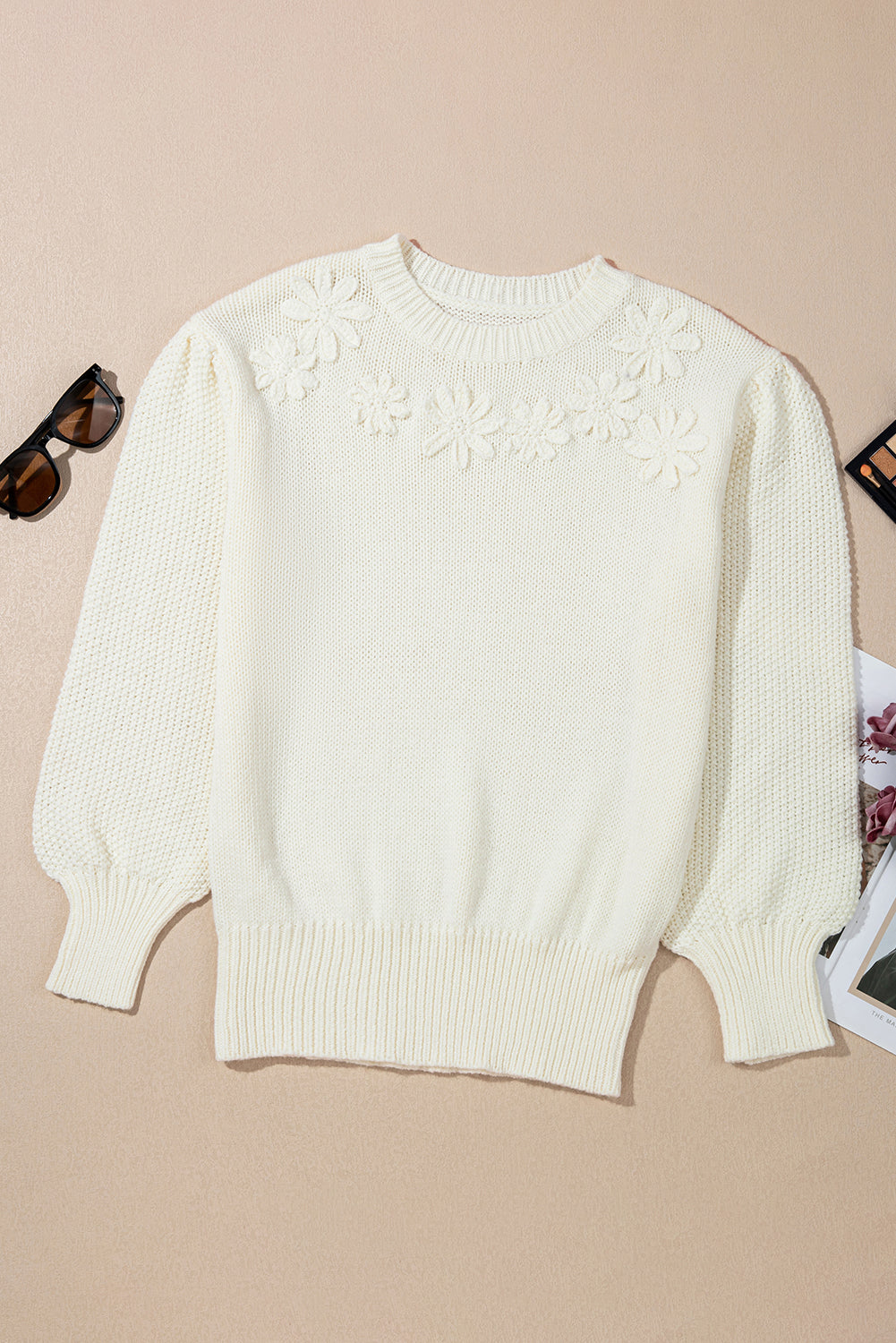 White Flower Round Neck Textured Puff Sleeve Sweater Dear-Lover Dropshipping
