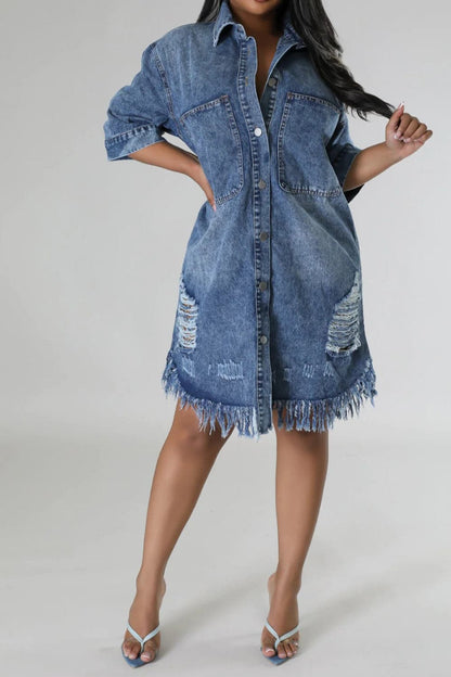 Distressed Raw Hem Button Up Denim Dress.