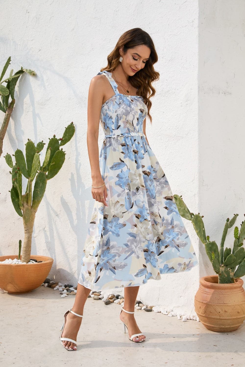 Smocked Printed Square Neck Midi Dress.