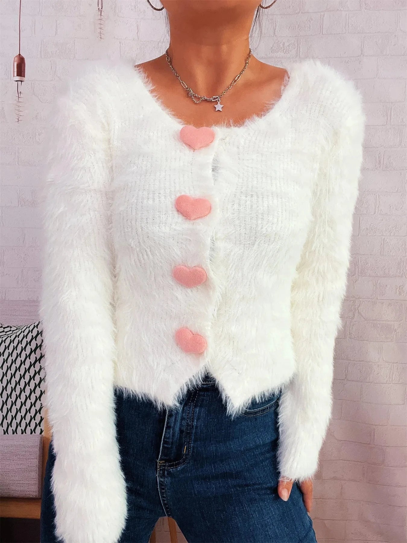 Fuzzy Heart Shape Button-Up Cardigan Coco’s Tee Boutique