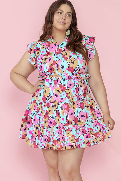 Flirty floral ruffle cap sleeve plus size mini dress