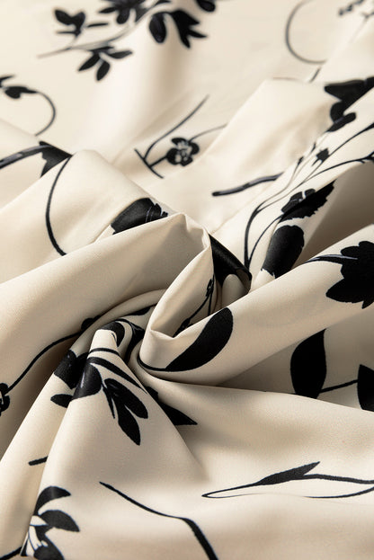 Premium Khaki Botanical Floral Print Split Neck Long Sleeve Blouse