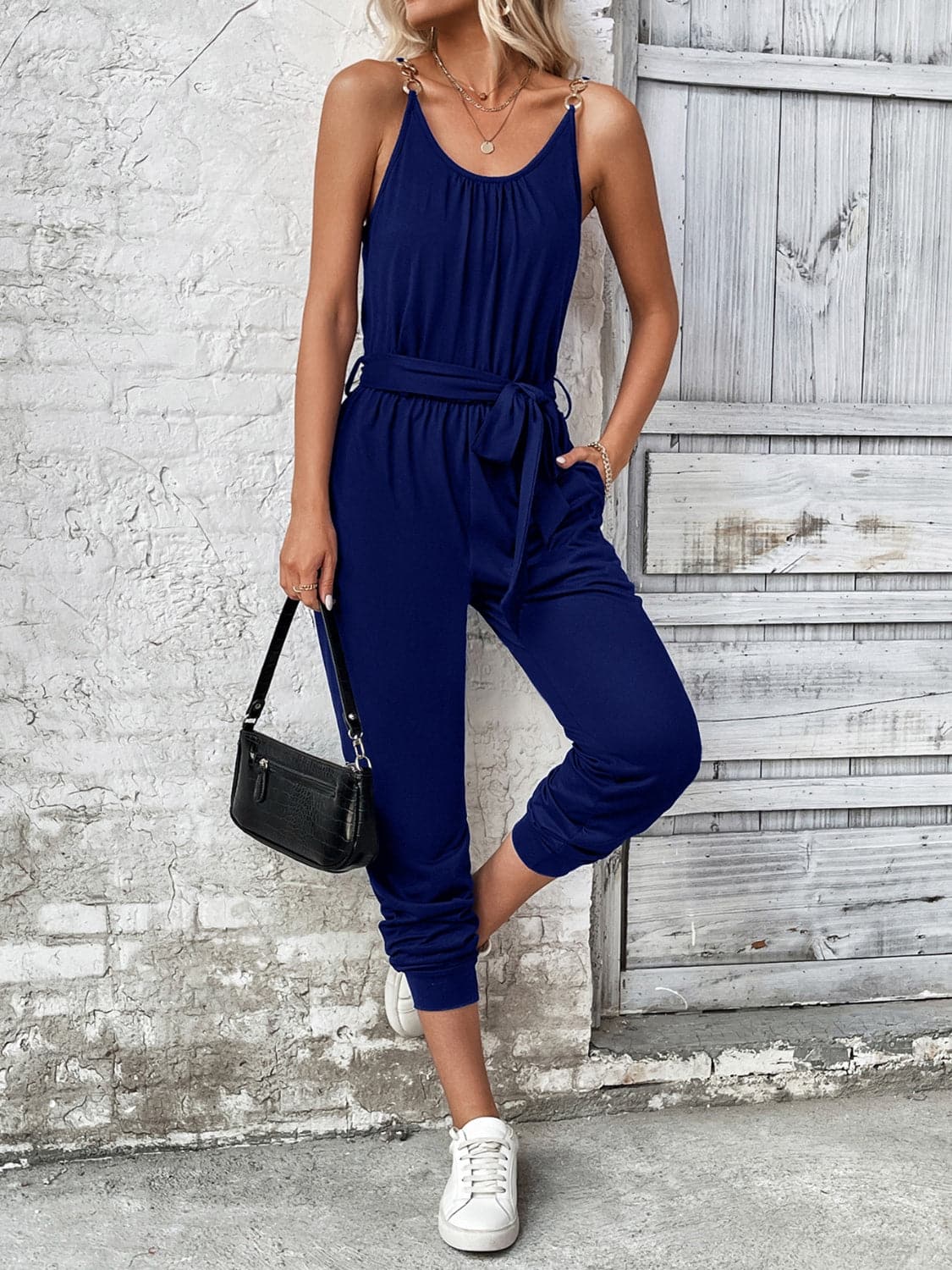 Scoop Neck Tie Waist Jumpsuit.