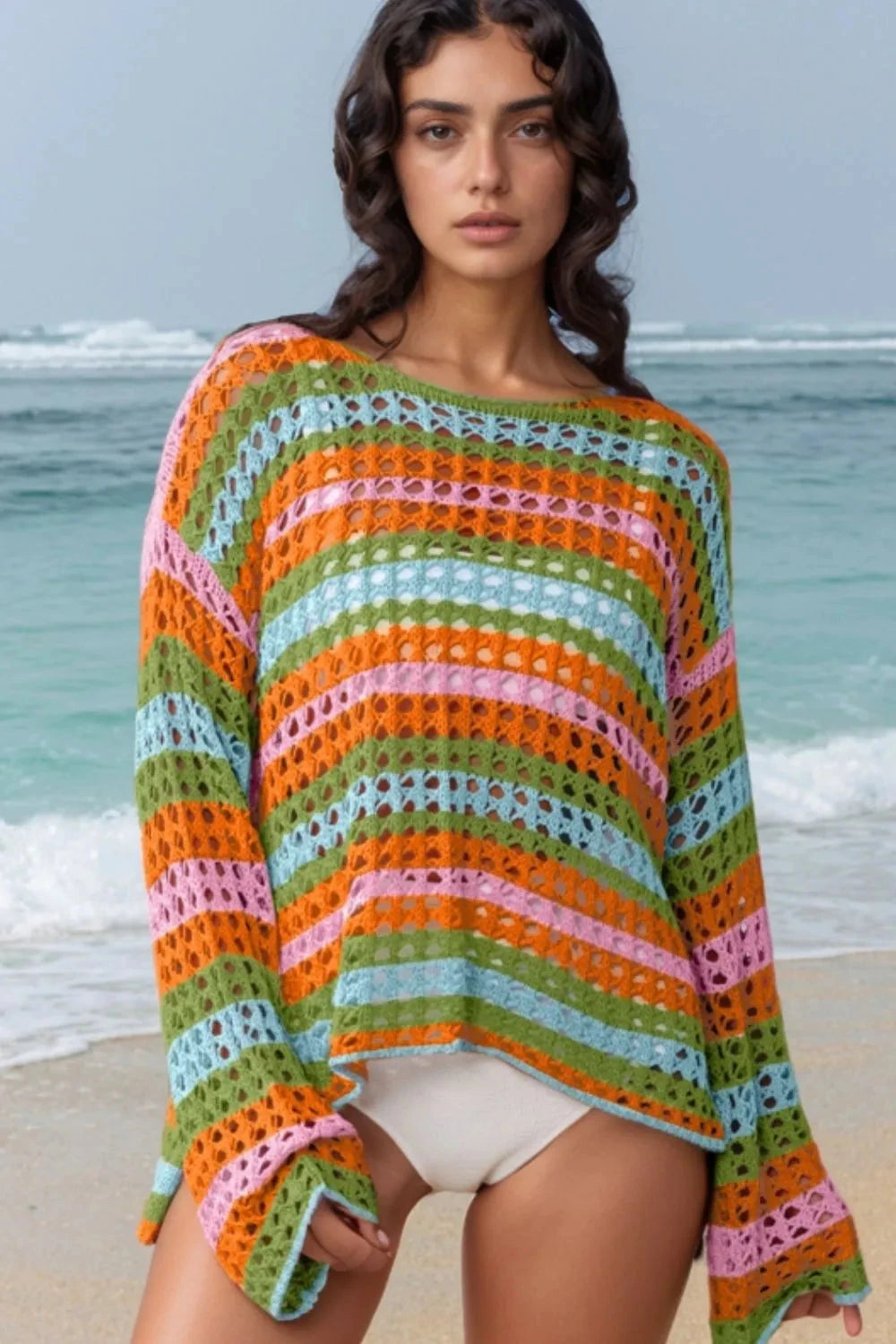Openwork Round Neck Long Sleeve Knit Cover Up Simply Love