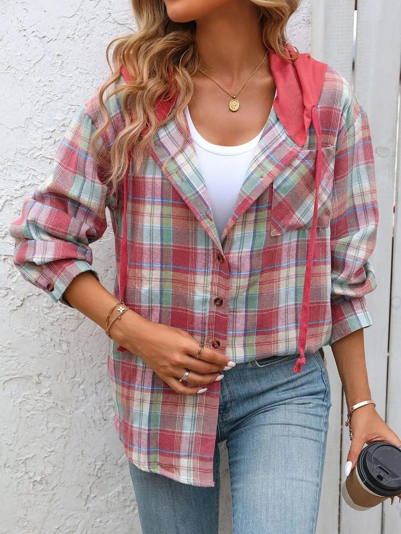 Hooded Plaid Button-Up Shirt Simply Love