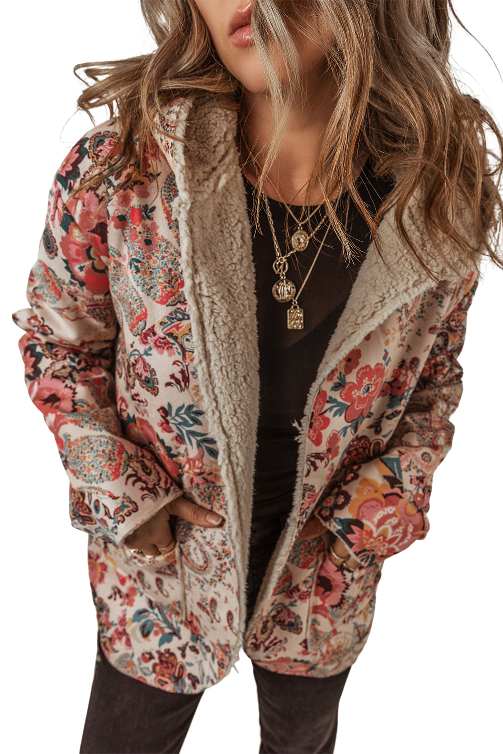 Beige floral paisley hooded Sherpa jacket for a vintage vibe