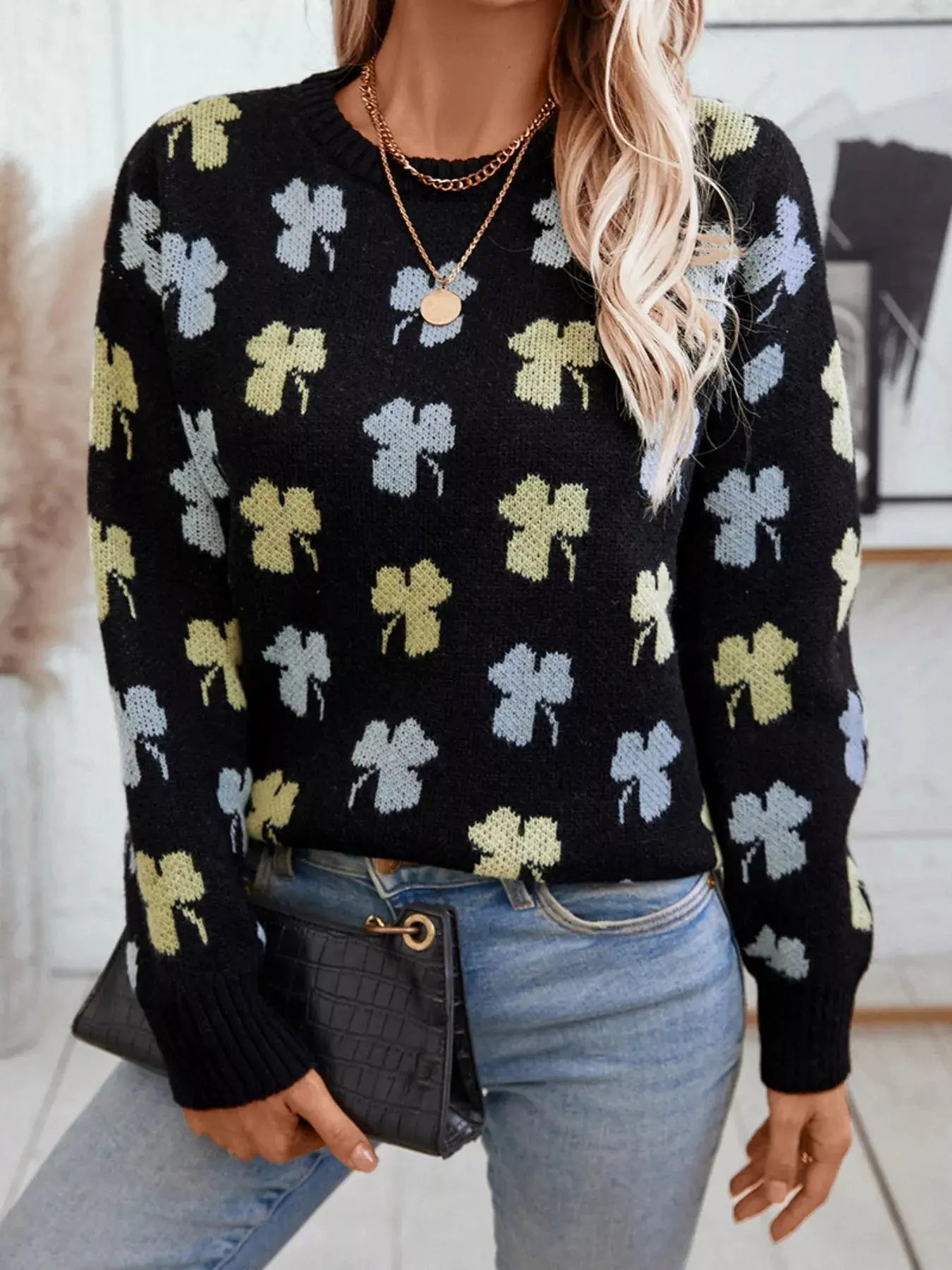 Clover Round Neck Long Sleeve Sweater Simply Love