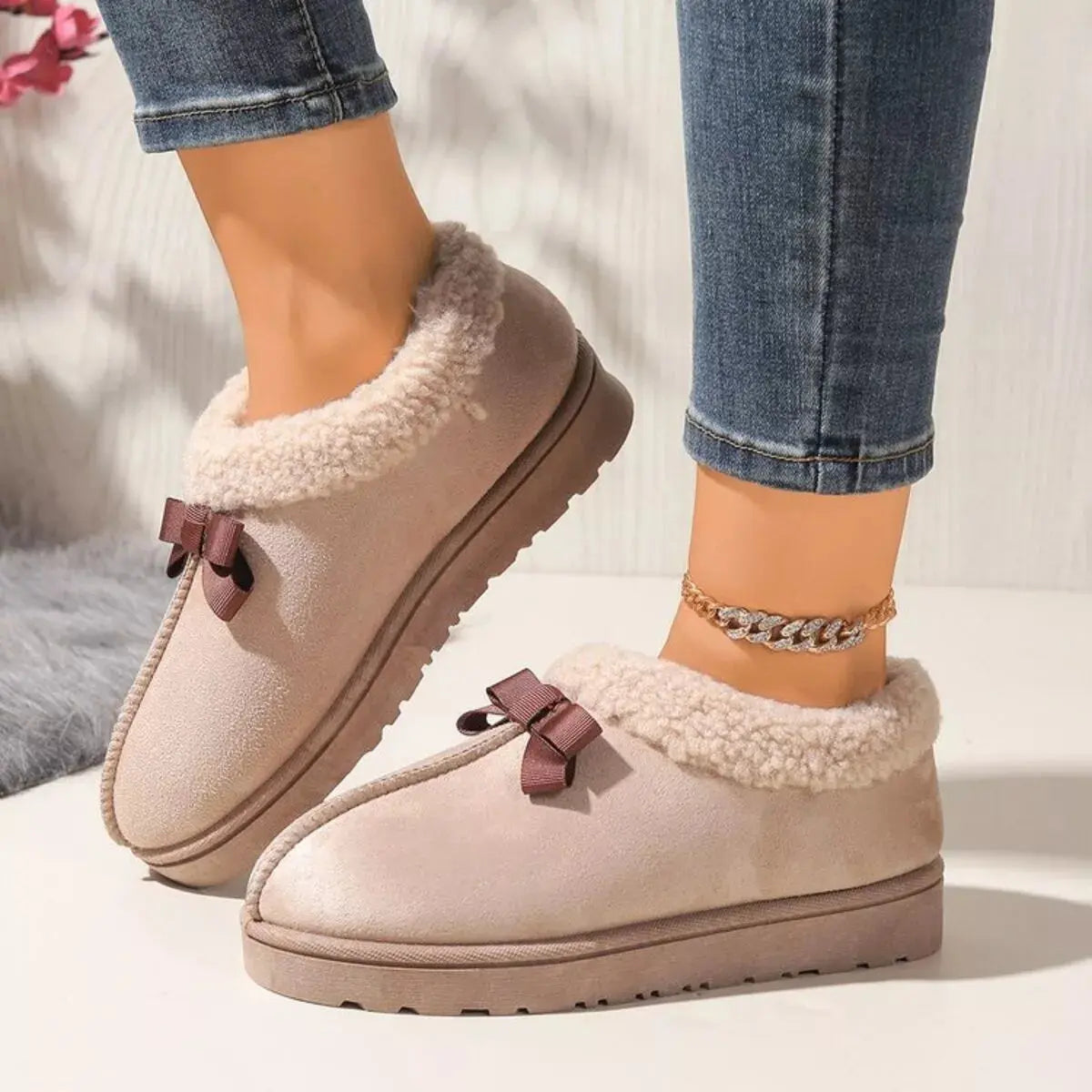 Cozy Bowknot Plush Lined Slip-Ons Simply Love