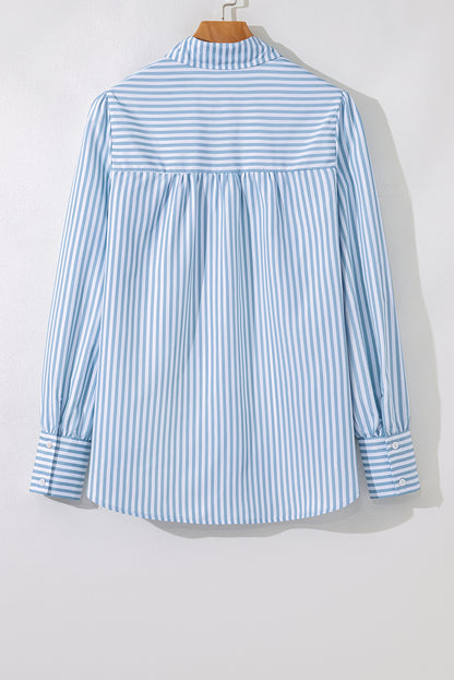 Sky Blue Stripe Shirred Detail Half Placket Collared Long Sleeve Fall Shirt