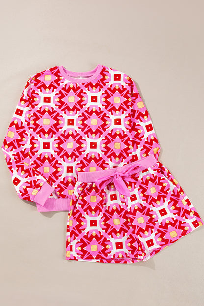 Sachet pink geometric print lounge set with long sleeve top and drawstring shorts