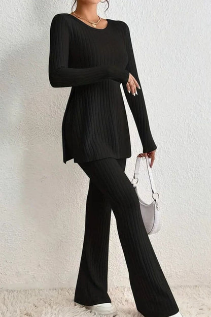 Ribbed Long Sleeve Slit Top and Bootcut Pants Set.