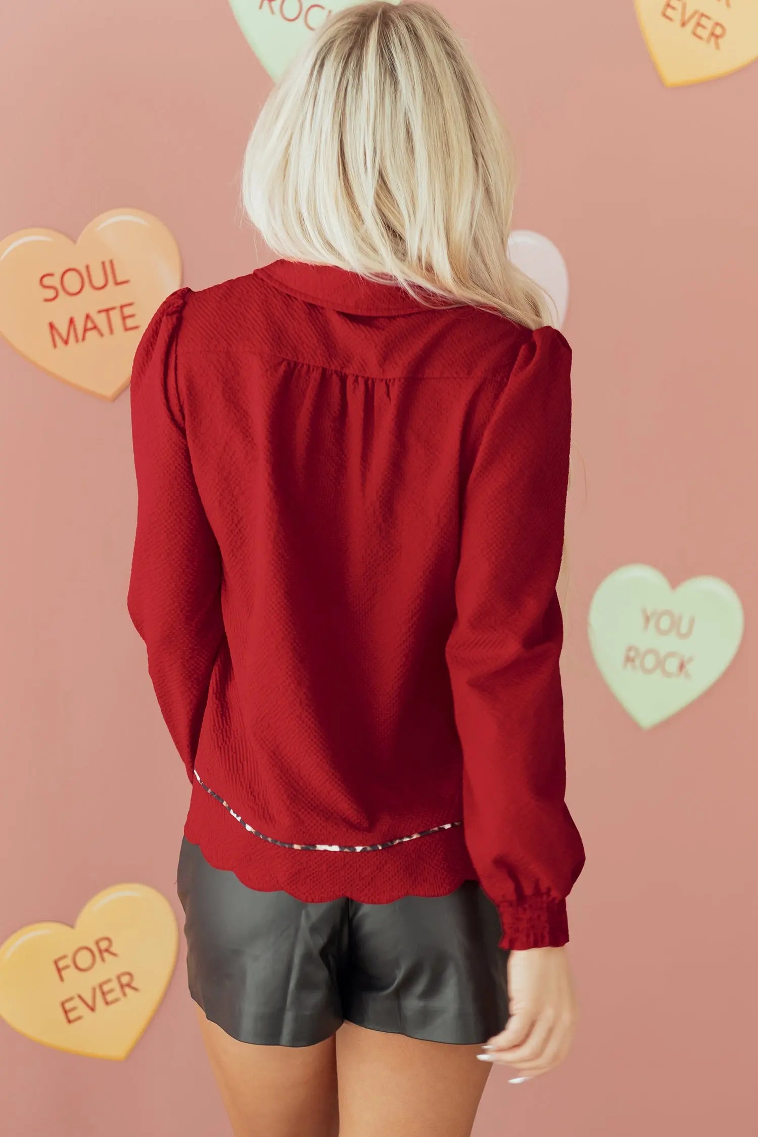 Fiery Red Collar V Neck Leopard Print Textured Blouse Dear-Lover Dropshipping