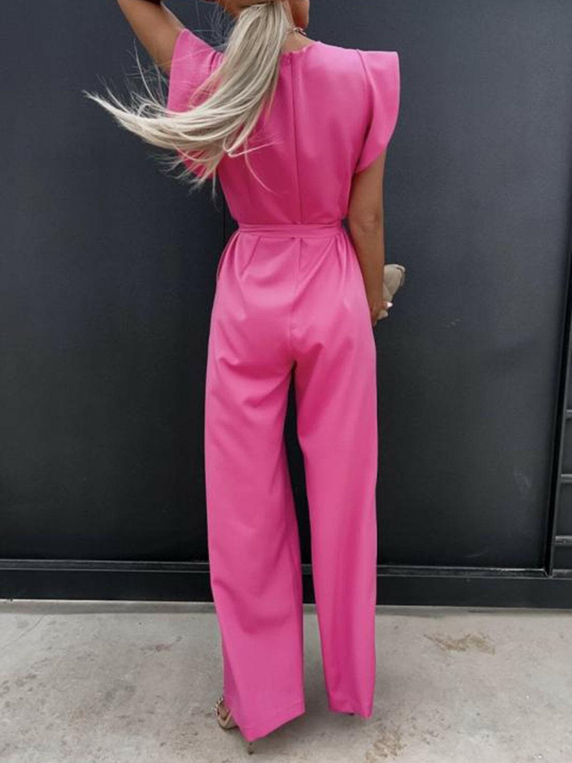 Ruffled Round Neck Cap Sleeve Jumpsuit.